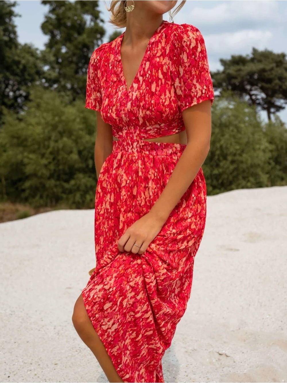 Red Floral V-Neck Cutout Midi Dress by